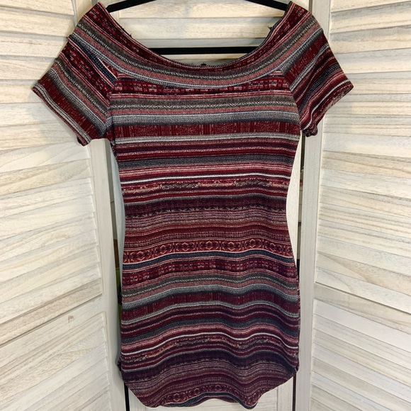 Papaya Burgundy Gray Striped Print Off Shoulder Bodycon Mini Dress L - Picture 3 of 11